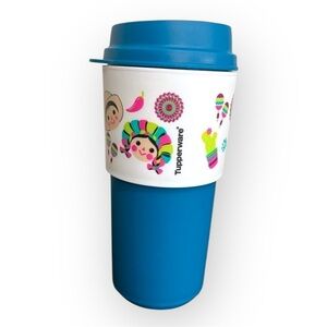 Tupperware 16oz plastic cup, mexico fiesta theme, teal blue, EUC